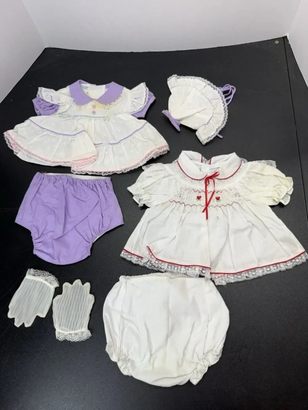 Vintage Lot Of 2 Baby Doll Dresses And Diaper Covers Bonnet Gloves Purple